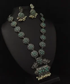 Glamaya Firoza Silver Lookalike Oxidised Antique Necklace Set - Trendy Long Combo For Women 1 GLAM-CN-OX-185-777025-275-2