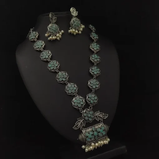 Glamaya Firoza Silver Lookalike Oxidised Antique Necklace Set - Trendy Long Combo For Women 1 GLAM-CN-OX-185-777025-275-2