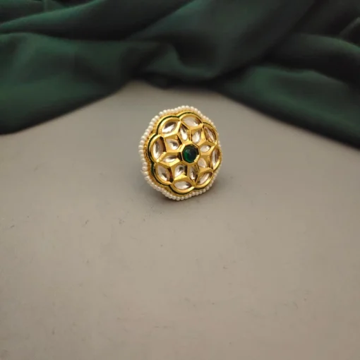 Glamaya Elegant Adjustable Green Kundan Polki Ring For Women 1 GLAM-RI-CO-38F3-306201-50-6