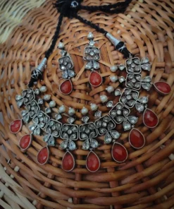 Glamaya Red Silver-look Choker Set: Premium Quality Earrings & Necklace Combo 1 GLAM-CN-OX-200-676868-350-3