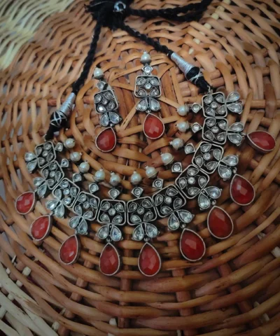 Glamaya Red Silver-look Choker Set: Premium Quality Earrings & Necklace Combo 1 GLAM-CN-OX-200-676868-350-3
