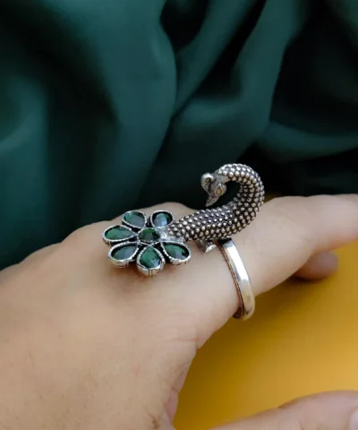 Glamaya Stunning Oxidised Peacock Flower Ring - Elegant Green Design 2 GLAM-RI-OX-15-007789-25-6