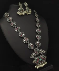 Glamaya Multi-colored Antique Long Necklace Set For Women: Oxidized Silver Lookalike Beauty 1 GLAM-CN-OX-185-557803-275-2