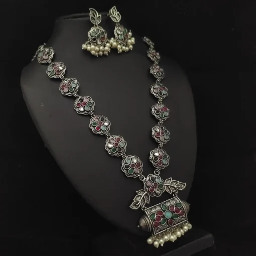 Glamaya Multi-colored Antique Long Necklace Set For Women: Oxidized Silver Lookalike Beauty 1 GLAM-CN-OX-185-557803-275-2