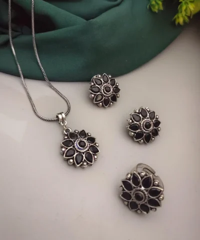 Glamaya Black Oxidised Chain Necklace Set - Trendy Ring Earring Combo 1 GLAM-CN-OX-20-463696-45-3