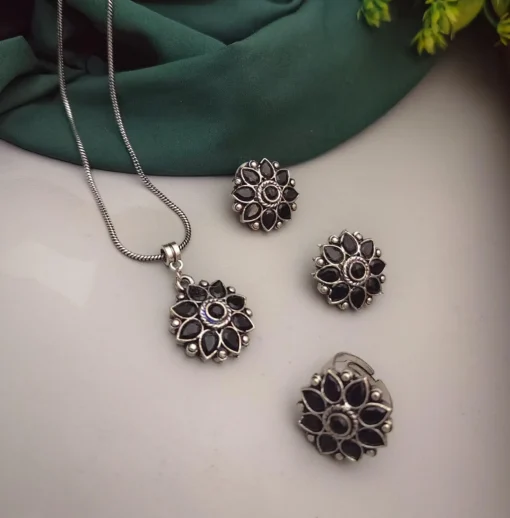 Glamaya Black Oxidised Chain Necklace Set - Trendy Ring Earring Combo 1 GLAM-CN-OX-20-463696-45-3