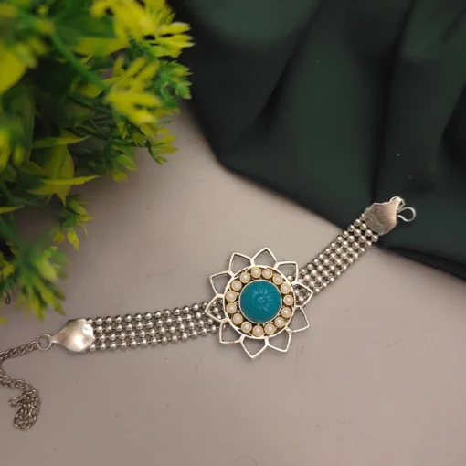 Glamaya Sky Blue Oxidised Flower Bracelet: Feminine Floral Armlet 1 GLAM-BB-OX-25-243091-41-4