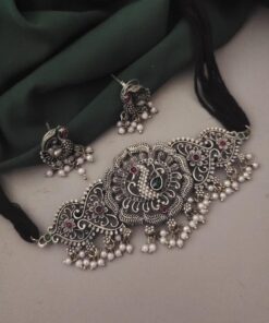 Glamaya Stunning Peacock Choker Set - Traditional Oxidised Earrings Included 1 GLAM-CN-BP-70-637263-105-2