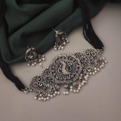 Glamaya Stunning Peacock Choker Set - Traditional Oxidised Earrings Included 1 GLAM-CN-BP-70-637263-105-2
