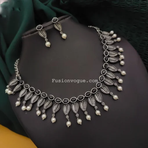 Glamaya Black Silver Lookalike Choker Set - Necklace & Earrings 1 GLAM-CN-OX-80-316831-150-2