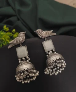 Glamaya Stylish Bird Silver 92.5 Plated Stone Jhumka - Trendy Silver Jhumka Earrings For Women 1 GLAM-ER-ST-55-016051-75-4