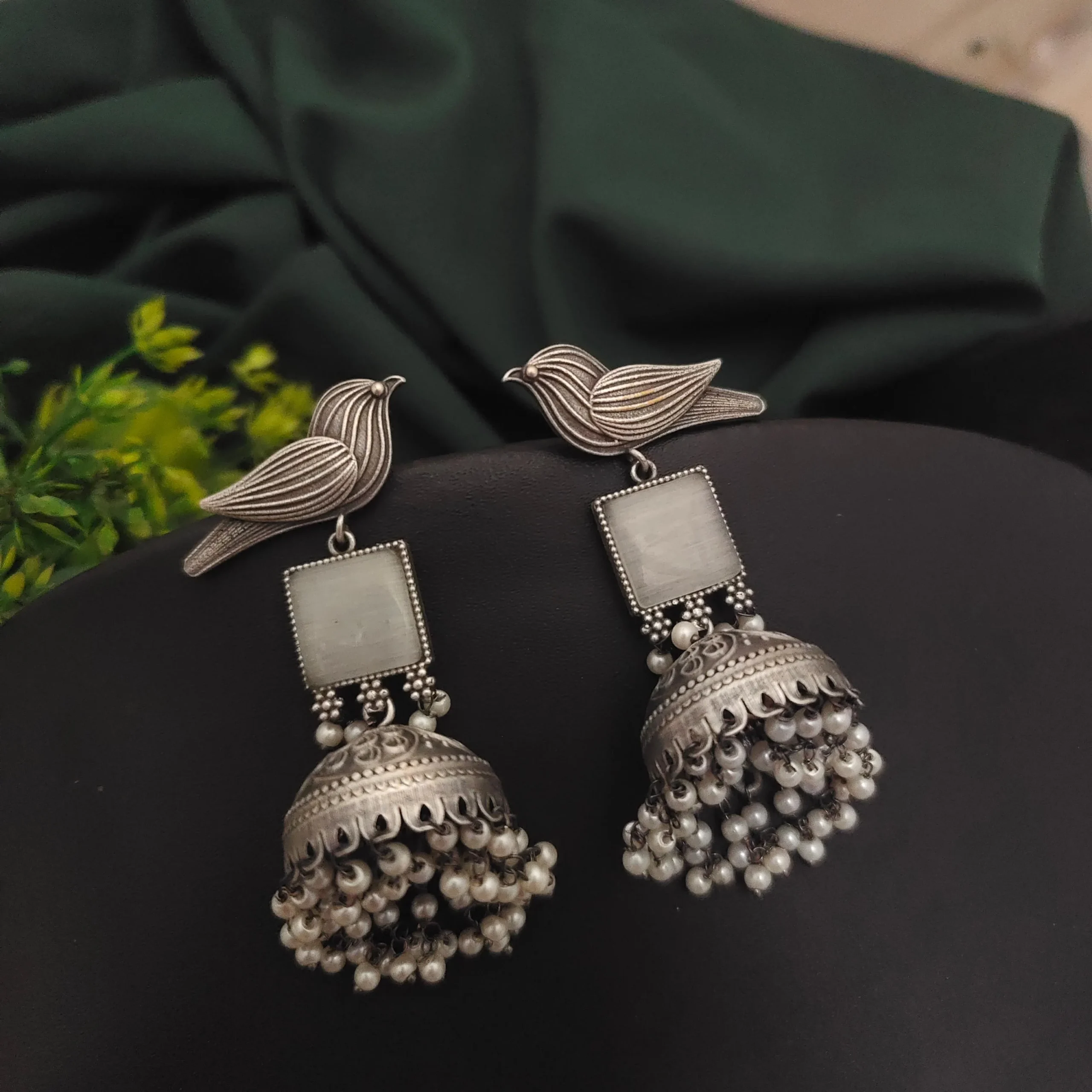 Stylish Bird Silver Plated Stone Jhumka Trendy Silver Jhumka  Earrings For Women