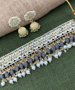 Glamaya Grey Kundan Pearl Festival Choker Necklace Earring Set: Stylish Combo 1 GLAM-CN-PE-232F5-006578-290-2