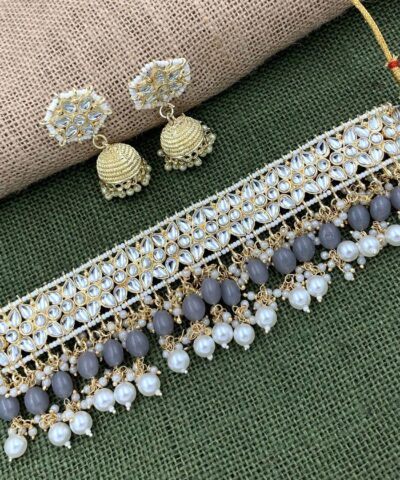 Glamaya Grey Kundan Pearl Festival Choker Necklace Earring Set: Stylish Combo 1 GLAM-CN-PE-232F5-006578-290-2