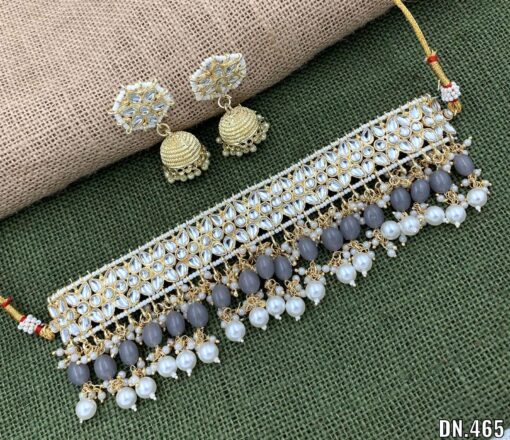 Glamaya Grey Kundan Pearl Festival Choker Necklace Earring Set: Stylish Combo 1 GLAM-CN-PE-232F5-006578-290-2