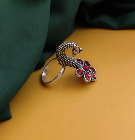 Glamaya Stunning Red Peacock Flower Ring - Trendy Oxidised Design! 1 GLAM-RI-OX-18-591528-30-5