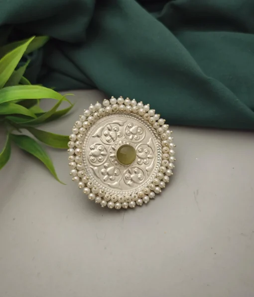 Glamaya Olive Green Jumbo Ring - Silver 92.5 Plated, Adjustable Stylish Statement 1 GLAM-RI-OX-36F7-567152-50-6