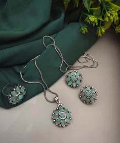 Glamaya Firoza Oxidised Jewelry Set: Necklace, Earrings, Rings Combo 1 GLAM-CN-OX-6F7-036893-15-9