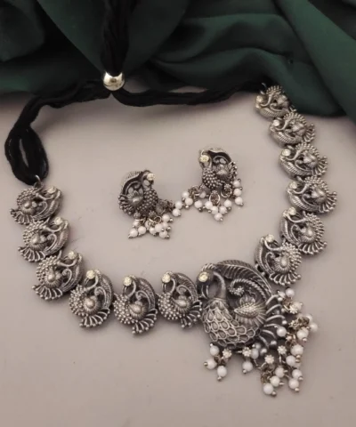 Glamaya White Oxidised Peacock Choker Set: Trendy Necklace Earrings Combo 1 GLAM-CN-BP-21F4-866179-35-7