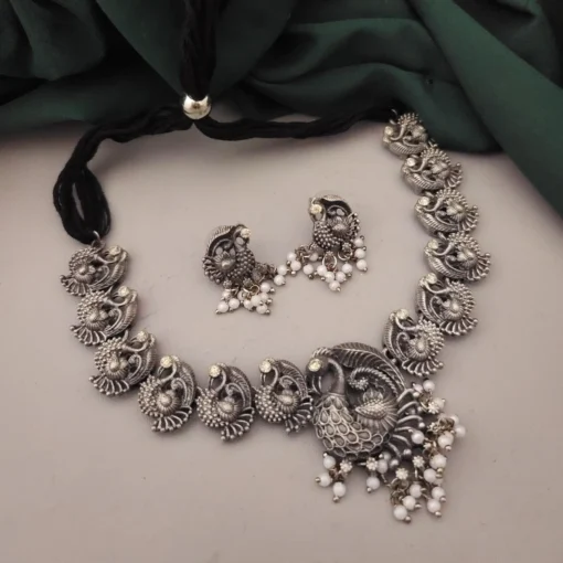 Glamaya White Oxidised Peacock Choker Set: Trendy Necklace Earrings Combo 1 GLAM-CN-BP-21F4-866179-35-7