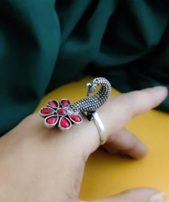 Glamaya Stunning Red Peacock Flower Ring - Trendy Oxidised Design! 2 GLAM-RI-OX-18-591528-30-5