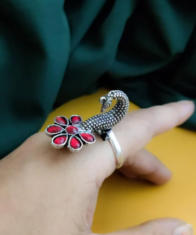 Glamaya Stunning Red Peacock Flower Ring - Trendy Oxidised Design! 2 GLAM-RI-OX-18-591528-30-5