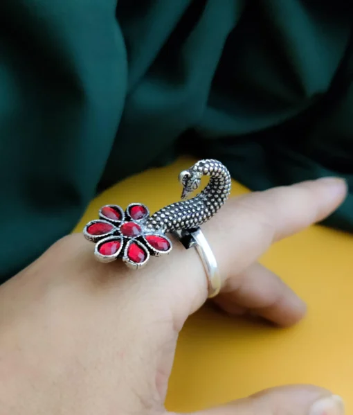 Glamaya Stunning Red Peacock Flower Ring – Trendy Oxidised Design! 2 GLAM-RI-OX-18-591528-30-5 Glamaya Stunning Red Peacock Flower Ring - Trendy Oxidised Design! 2 GLAM-RI-OX-18-591528-30-5