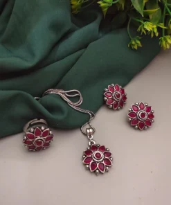 Glamaya Red Oxidised Jewelry Trio: Necklace, Earrings, Ring Set 1 GLAM-CN-OX-12-138196-27-5