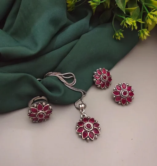 Glamaya Red Oxidised Jewelry Trio: Necklace, Earrings, Ring Set 1 GLAM-CN-OX-12-138196-27-5