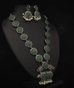 Glamaya Green Oxidised Antique Long Necklace Set | Elegant Women's Jewelry 1 GLAM-CN-OX-74-960474-110-5