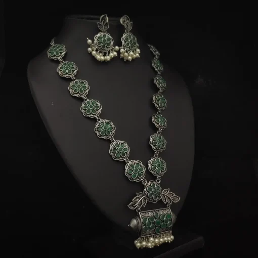 Glamaya Green Oxidised Antique Long Necklace Set | Elegant Women's Jewelry 1 GLAM-CN-OX-74-960474-110-5