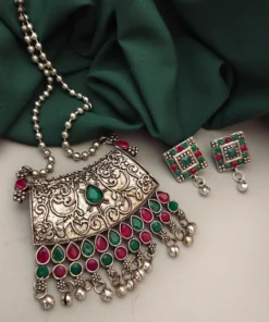 Glamaya Multi-color Premium Oxidized Jewelry Set: Long Chain Necklace Earrings 1 GLAM-CN-OX-21F4-228558-35-7