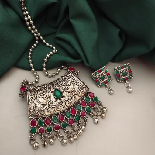 Glamaya Multi-color Premium Oxidized Jewelry Set: Long Chain Necklace Earrings 1 GLAM-CN-OX-21F4-228558-35-7