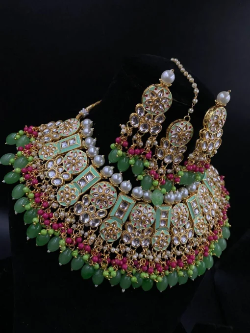 Glamaya Mint Kundan Meenakari Party Set: Necklace, Earrings, Maangtikka 1 GLAM-CN-KU-60-717216-105-10