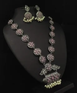 Glamaya Pink Oxidized Antique Long Necklace Set - Stylish & Unique 1 GLAM-CN-OX-185-318161-275-2