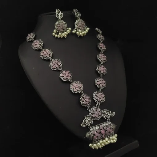 Glamaya Pink Oxidized Antique Long Necklace Set - Stylish & Unique 1 GLAM-CN-OX-185-318161-275-2