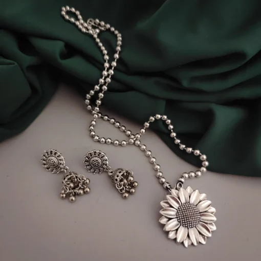 Glamaya Floral Oxidized Necklace Earrings Set - Indian Jewelry Combo 1 GLAM-CN-OX-50-215553-82-2