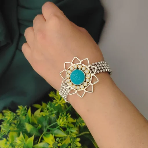 Glamaya Sky Blue Oxidised Flower Bracelet: Feminine Floral Armlet 2 GLAM-BB-OX-25-243091-41-4 Glamaya Sky Blue Oxidised Flower Bracelet: Feminine Floral Armlet 2 GLAM-BB-OX-25-243091-41-4
