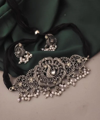 Glamaya Elegant Oxidised Peacock Choker Earrings Set 02: Affordable & Trendy For Women 1 GLAM-CN-BP-28-397308-42-5