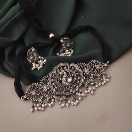 Glamaya Elegant Oxidised Peacock Choker Earrings Set 02: Affordable & Trendy For Women 1 GLAM-CN-BP-28-397308-42-5