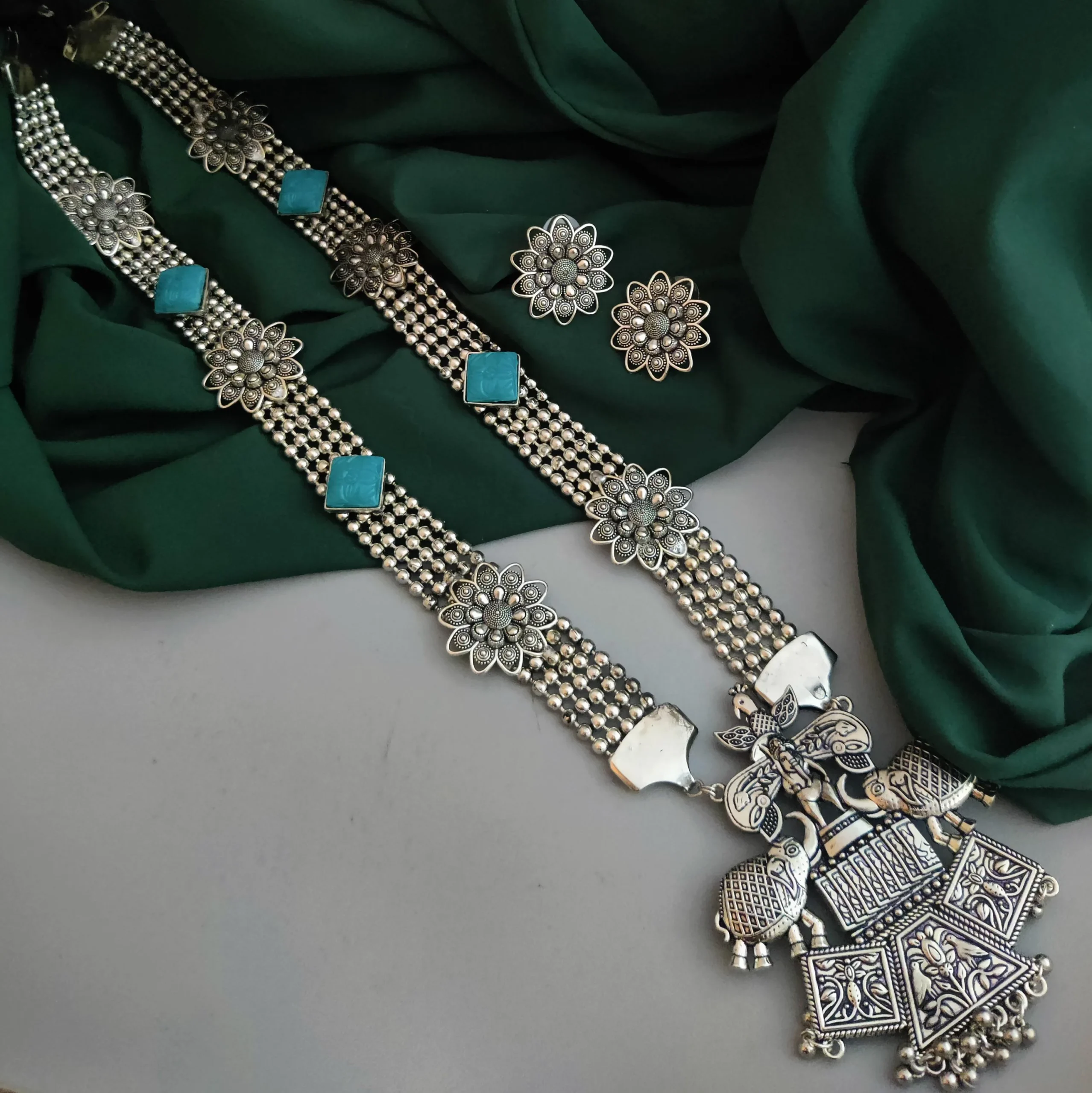 Blue - German Silver Jute Necklace Set 83