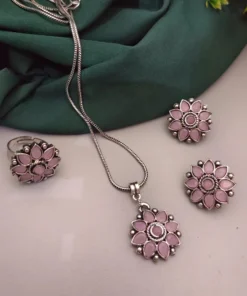Glamaya Pink Oxidized Necklace Earring Ring Set - Indian Charm 1 GLAM-CN-OX-12-112359-27-5