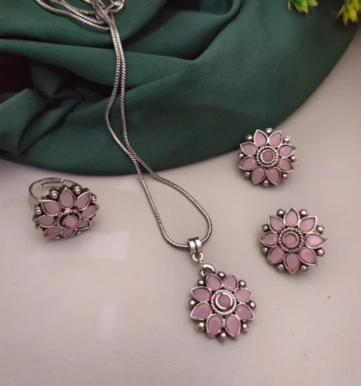Glamaya Pink Oxidized Necklace Earring Ring Set - Indian Charm 1 GLAM-CN-OX-12-112359-27-5