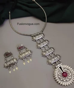Glamaya Pink Gs Tie Necklace Earrings Set: Chic Oxidised Combo 1 GLAM-CN-OX-46F7-920603-70-3
