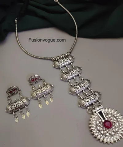 Glamaya Pink Gs Tie Necklace Earrings Set: Chic Oxidised Combo 1 GLAM-CN-OX-46F7-920603-70-3
