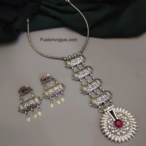 Glamaya Pink Gs Tie Necklace Earrings Set: Chic Oxidised Combo 1 GLAM-CN-OX-46F7-920603-70-3