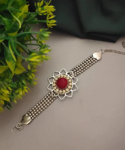Glamaya Red Oxidised Flower Bracelet: Affordable And Trendy Armlet For Women 1 GLAM-BB-OX-50-364055-82-2