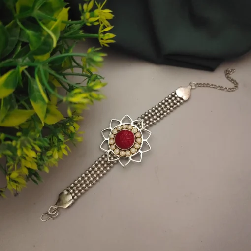 Glamaya Red Oxidised Flower Bracelet: Affordable And Trendy Armlet For Women 1 GLAM-BB-OX-50-364055-82-2