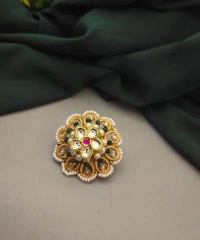 Glamaya Chic Adjustable Kundan Polki Copper Ring | Elegant Design 1 GLAM-RI-CO-38F3-906290-50-6
