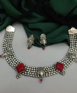 Glamaya Red Oxidised Genasha Stone Necklace Earring Set - Trendy Ethnic Jewelry For Women 1 GLAM-CN-ST-30-628591-49-5